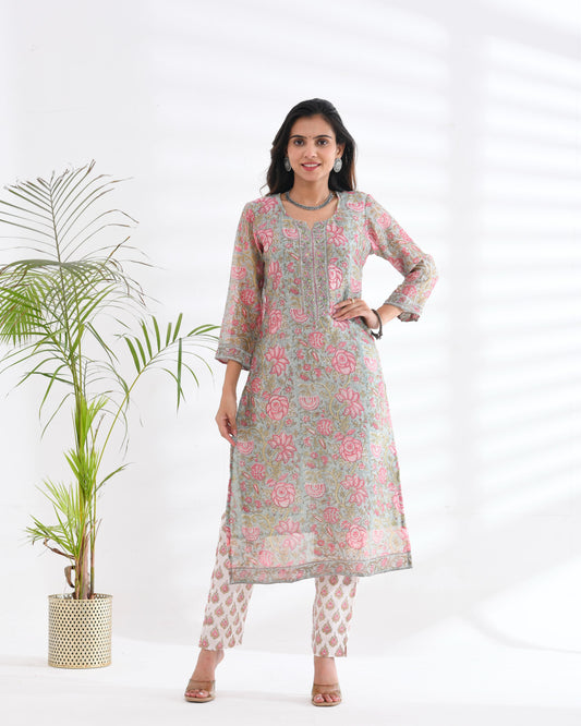 CHANDERI SILK GREEN AND PINK EMBROIDERED SUIT SET