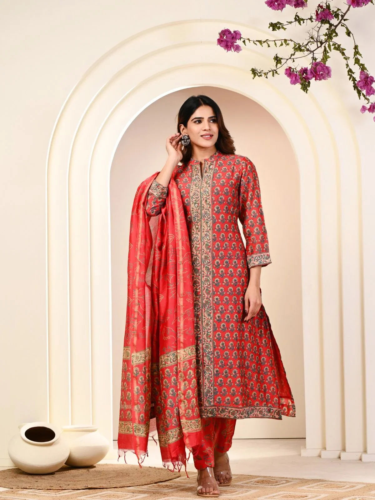 MAHESHWARI SILK EMBROIDERED RED SUIT SET