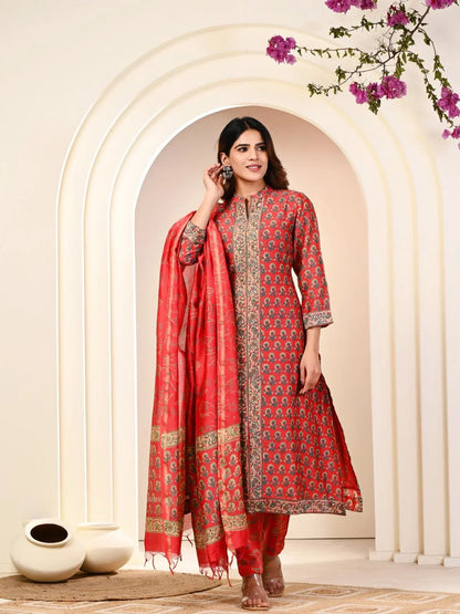 MAHESHWARI SILK EMBROIDERED RED SUIT SET