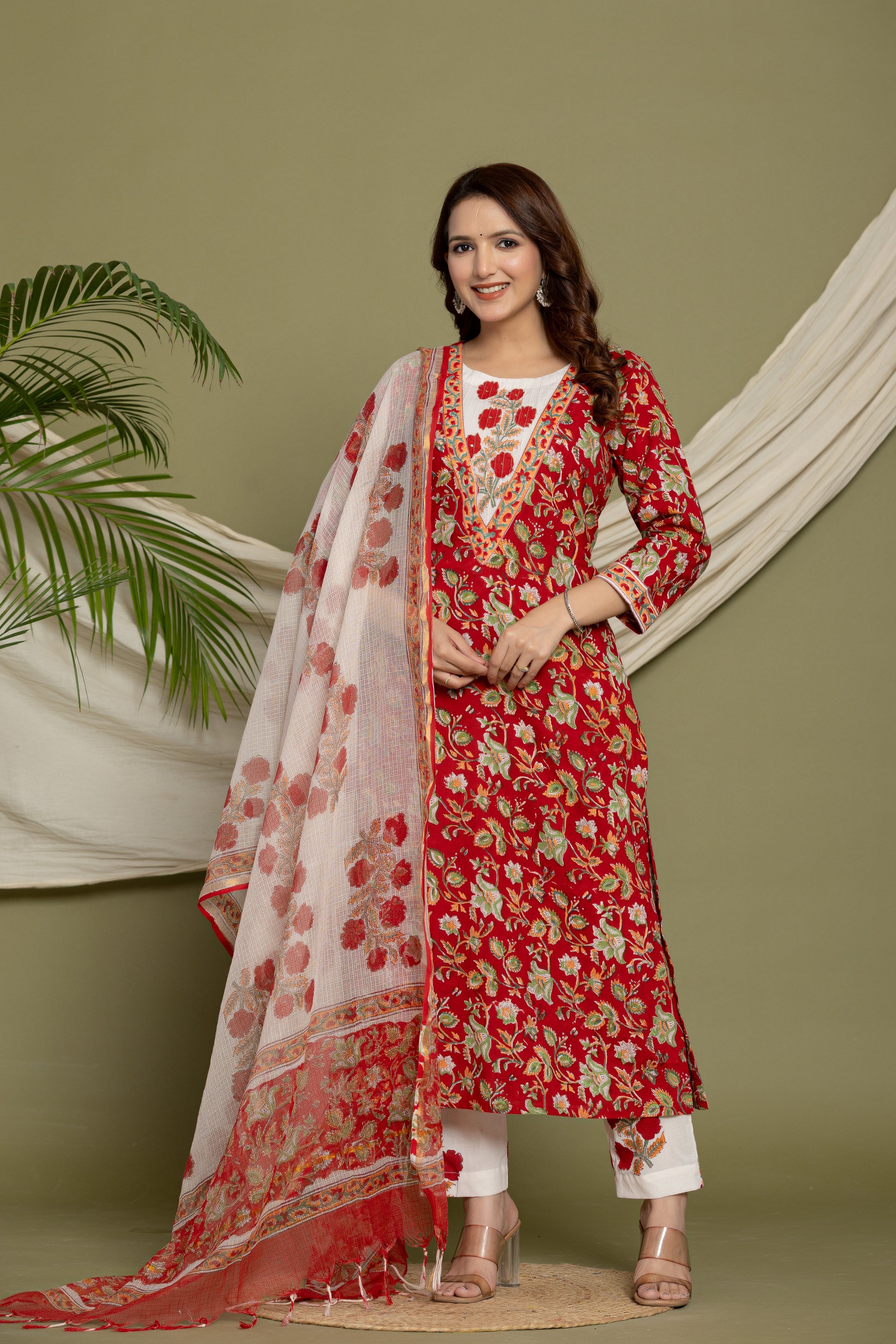 Red Cotton Kurta Suit Set