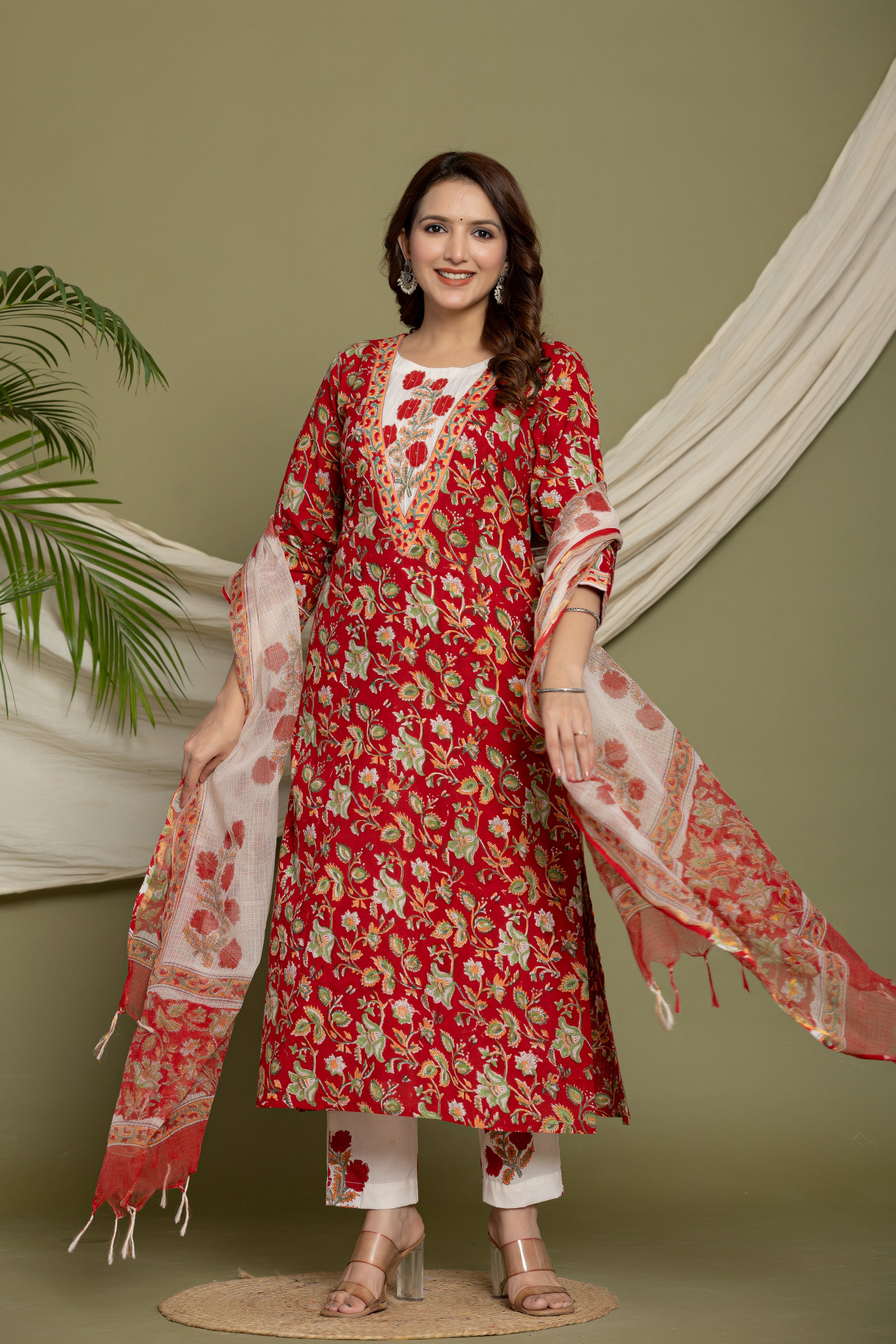 Red Cotton Kurta Suit Set