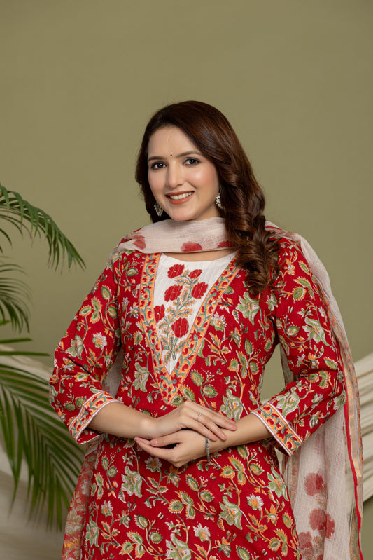 Red Cotton Kurta Suit Set