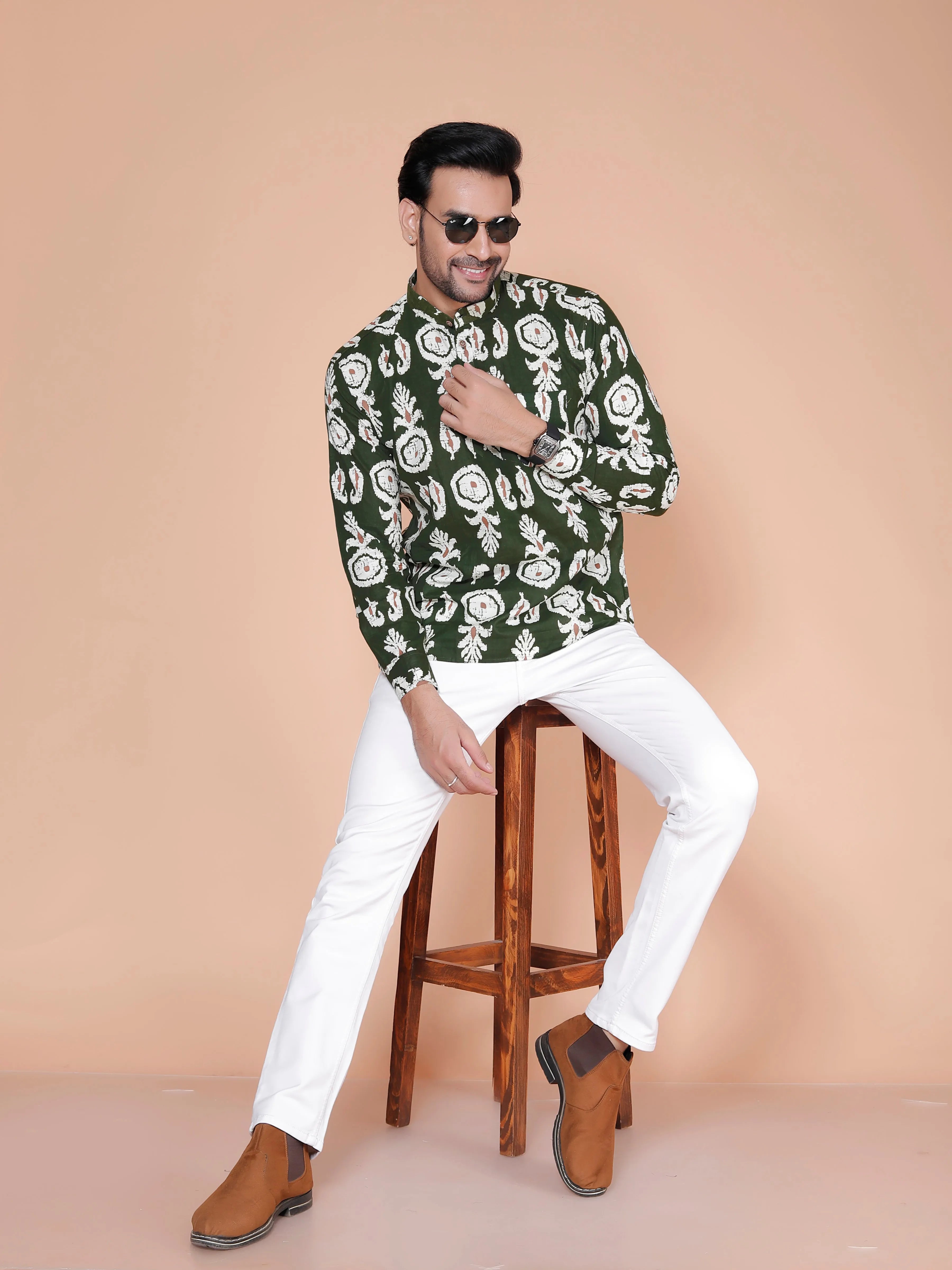 Royal Green Block Print Short Kurta