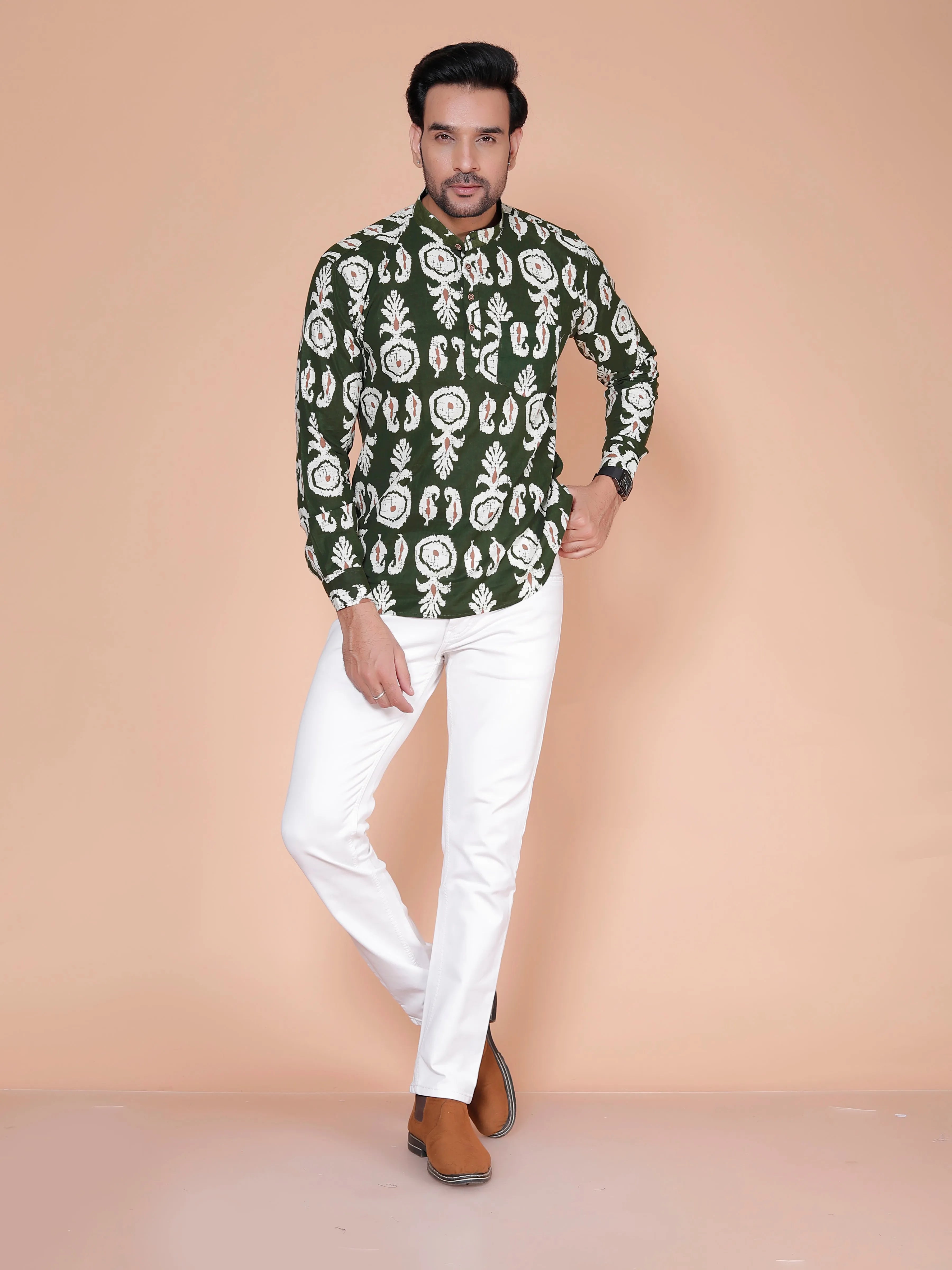 Royal Green Block Print Short Kurta