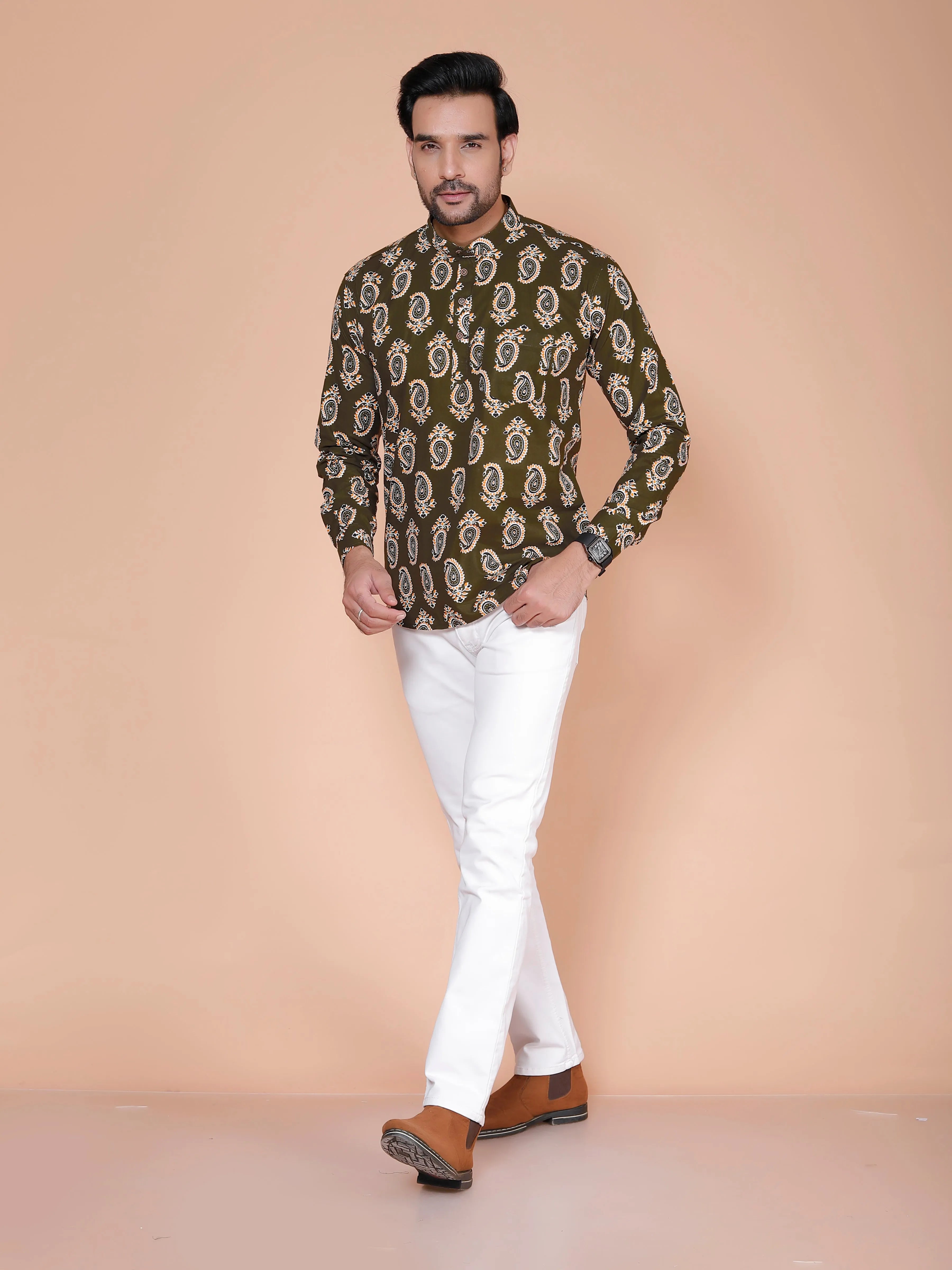 Olive Short Kurta For Men