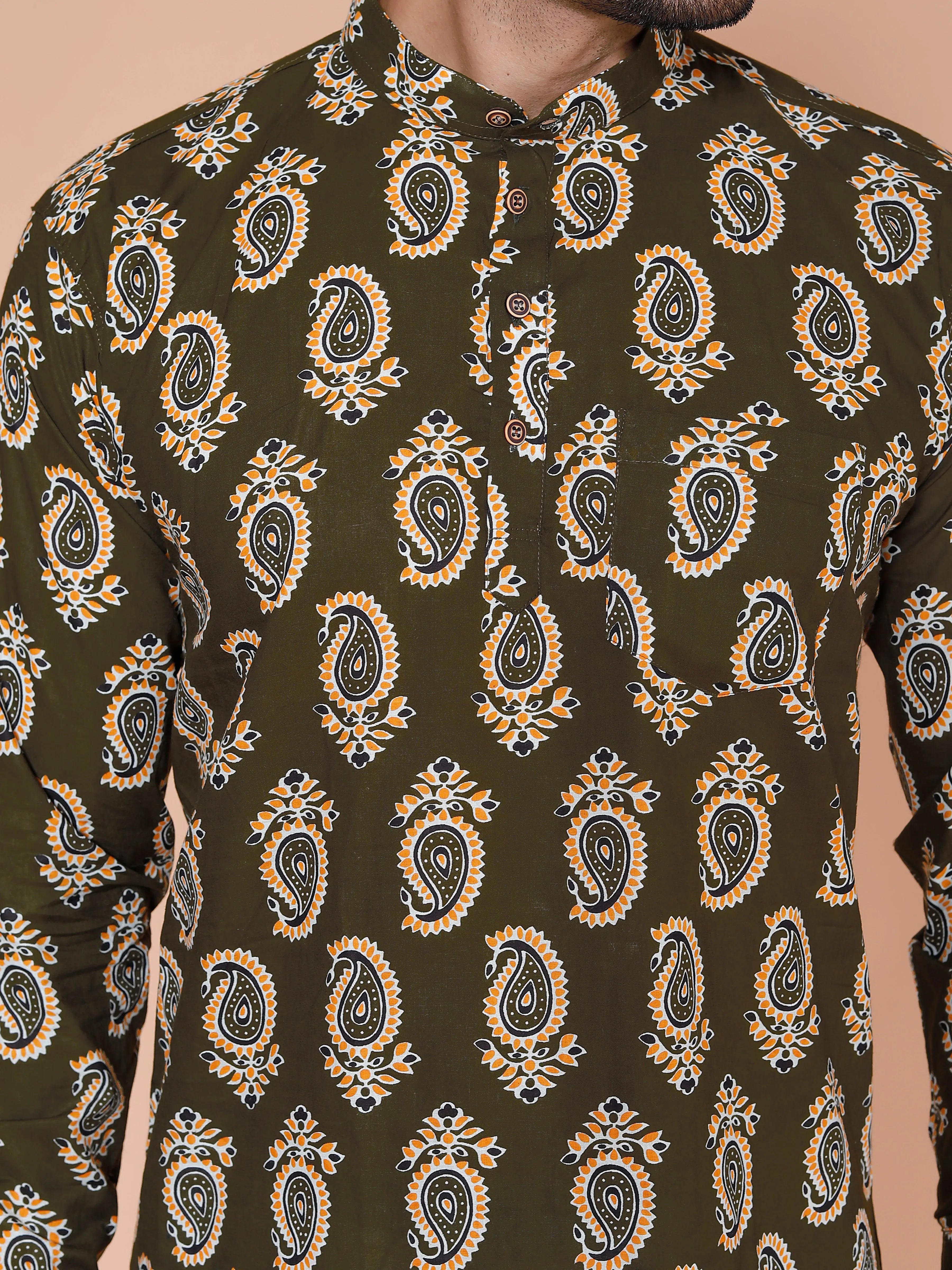 Olive Short Kurta For Men