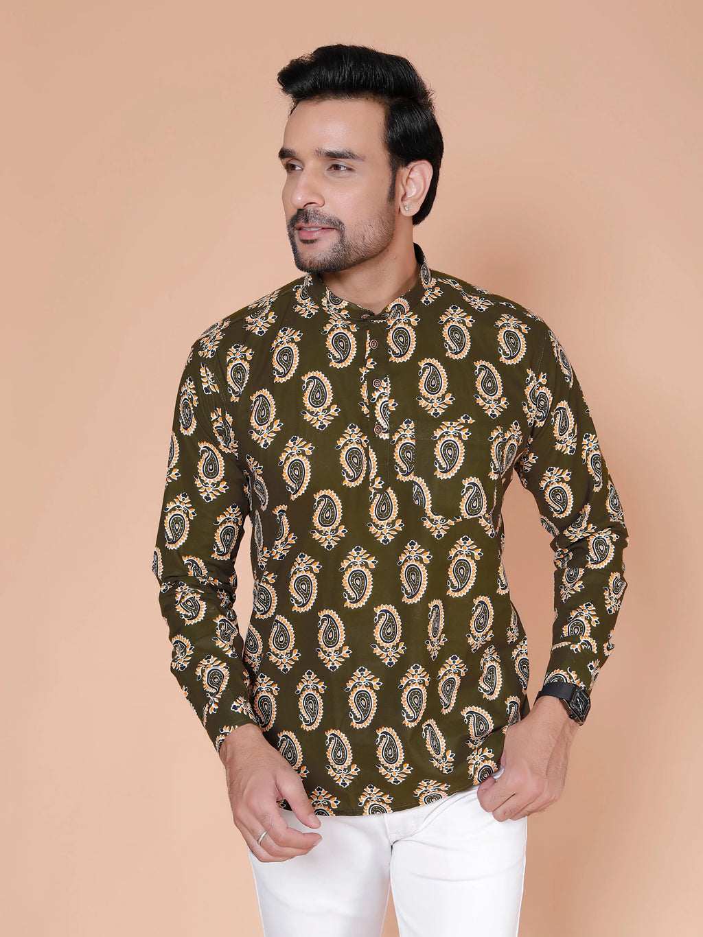 Olive Short Kurta For Men