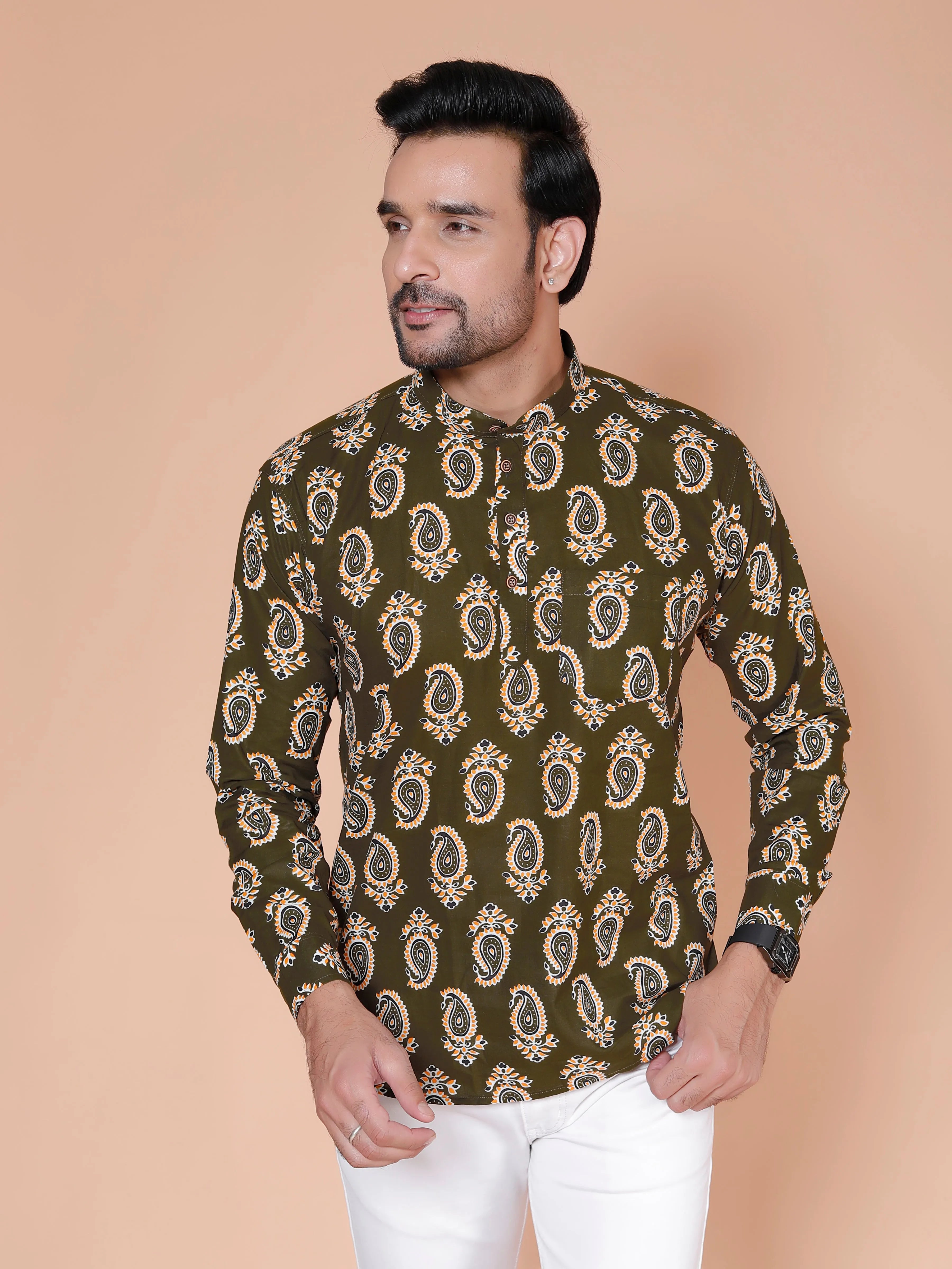 Olive Short Kurta For Men