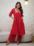 Pure Jute Cotton Fabric with Hand Embroidery Red