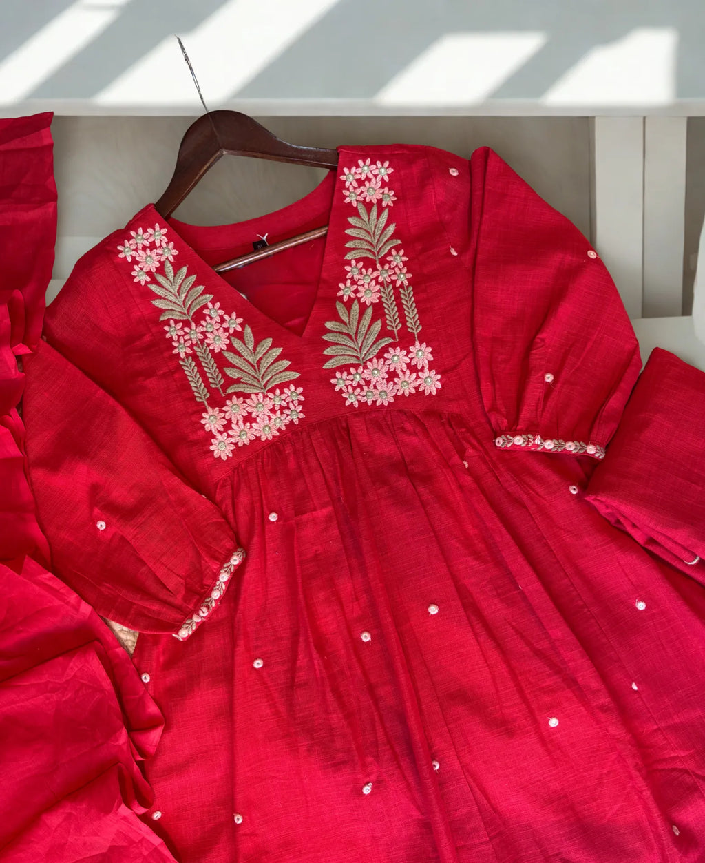 Pure Jute Cotton Fabric with Hand Embroidery Red