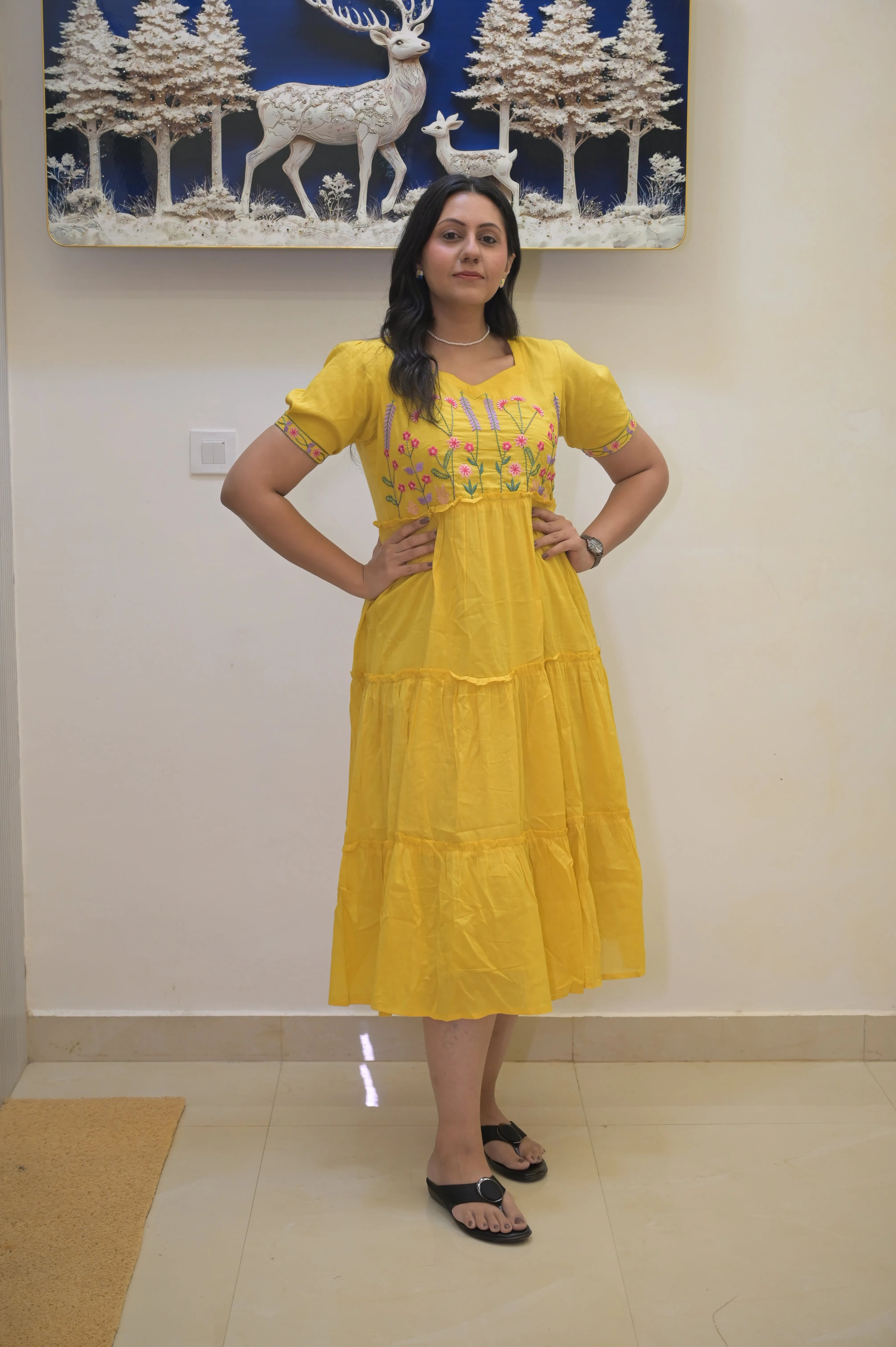 Indian Bloom Cotton Frock - Yellow