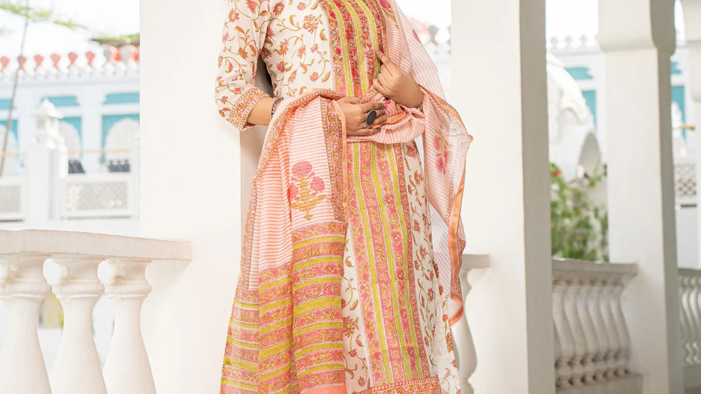Cotton Silk - Handblock Print Subtle Motif Neckline Work Suit Set