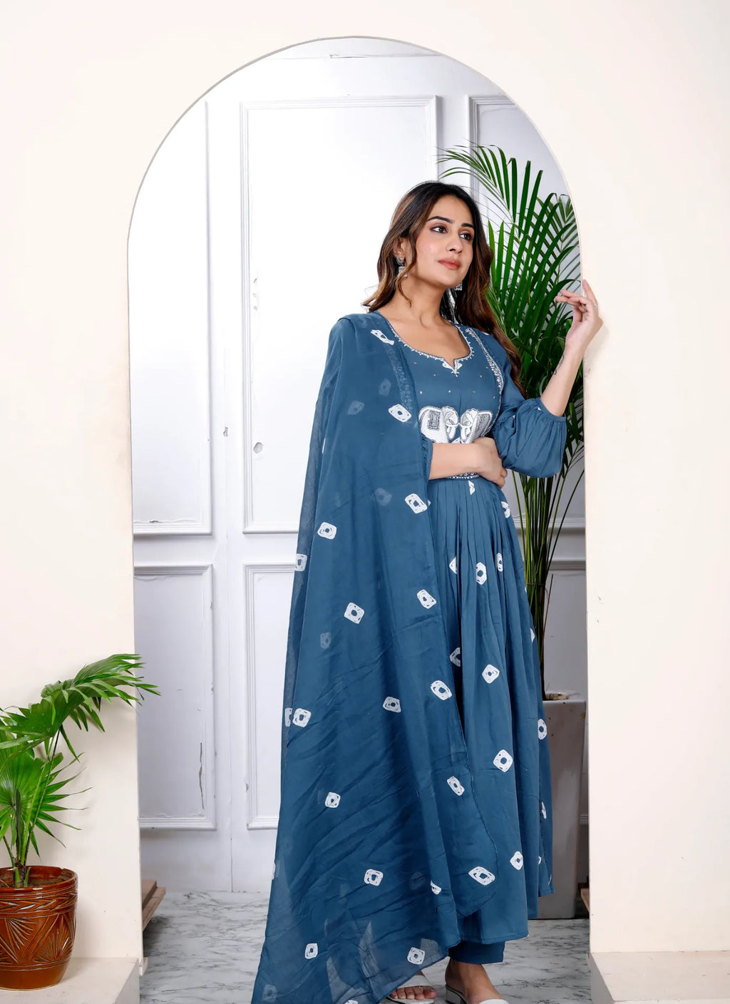 Bandhani Print Embroidered Blue Suit Set