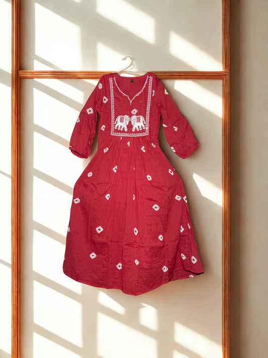 Bandhani Print Embroidered Red Suit Set
