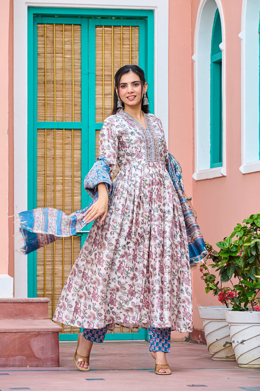 CHANDERI SILK - HANDBLOCK PRINT EMBROIDERED ANARKALI SUIT SET