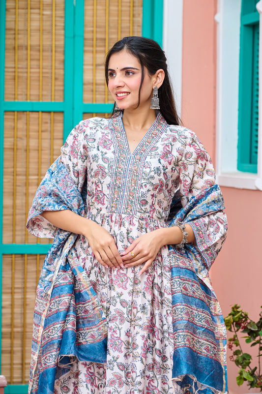CHANDERI SILK - HANDBLOCK PRINT EMBROIDERED ANARKALI SUIT SET