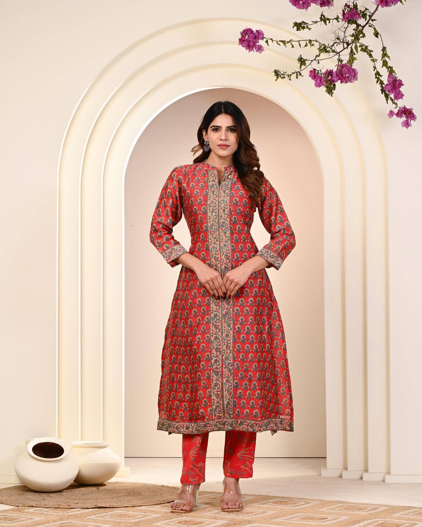 MAHESHWARI SILK EMBROIDERED RED SUIT SET