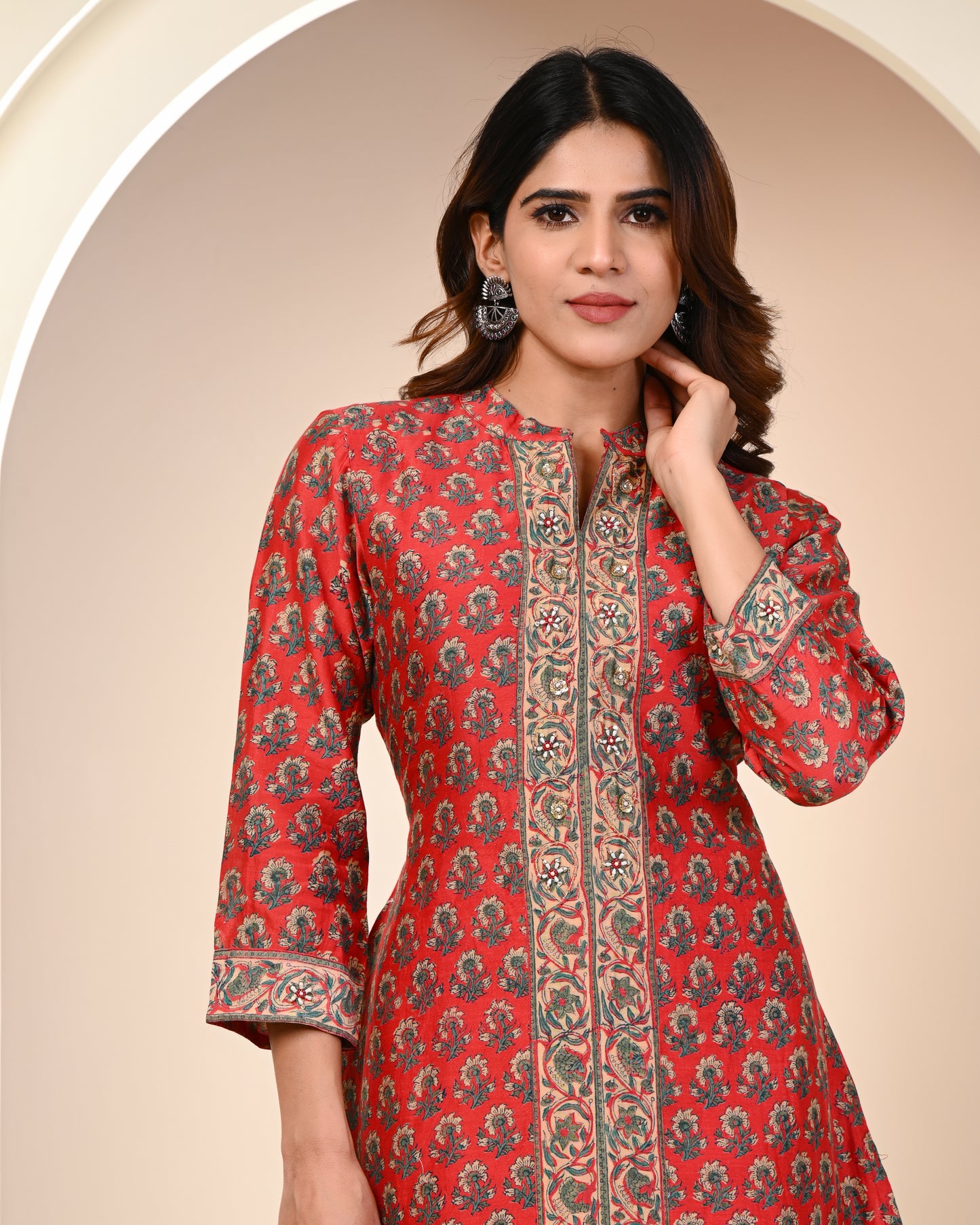 MAHESHWARI SILK EMBROIDERED RED SUIT SET