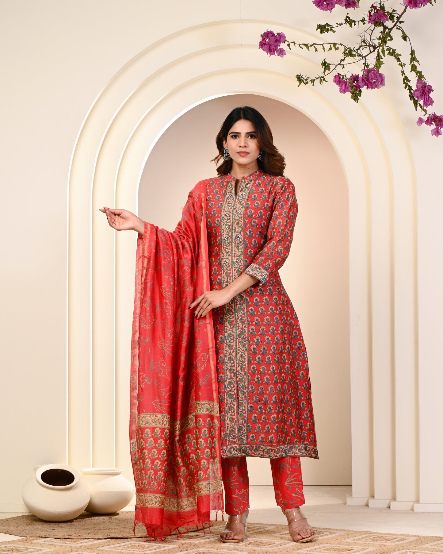 MAHESHWARI SILK EMBROIDERED RED SUIT SET