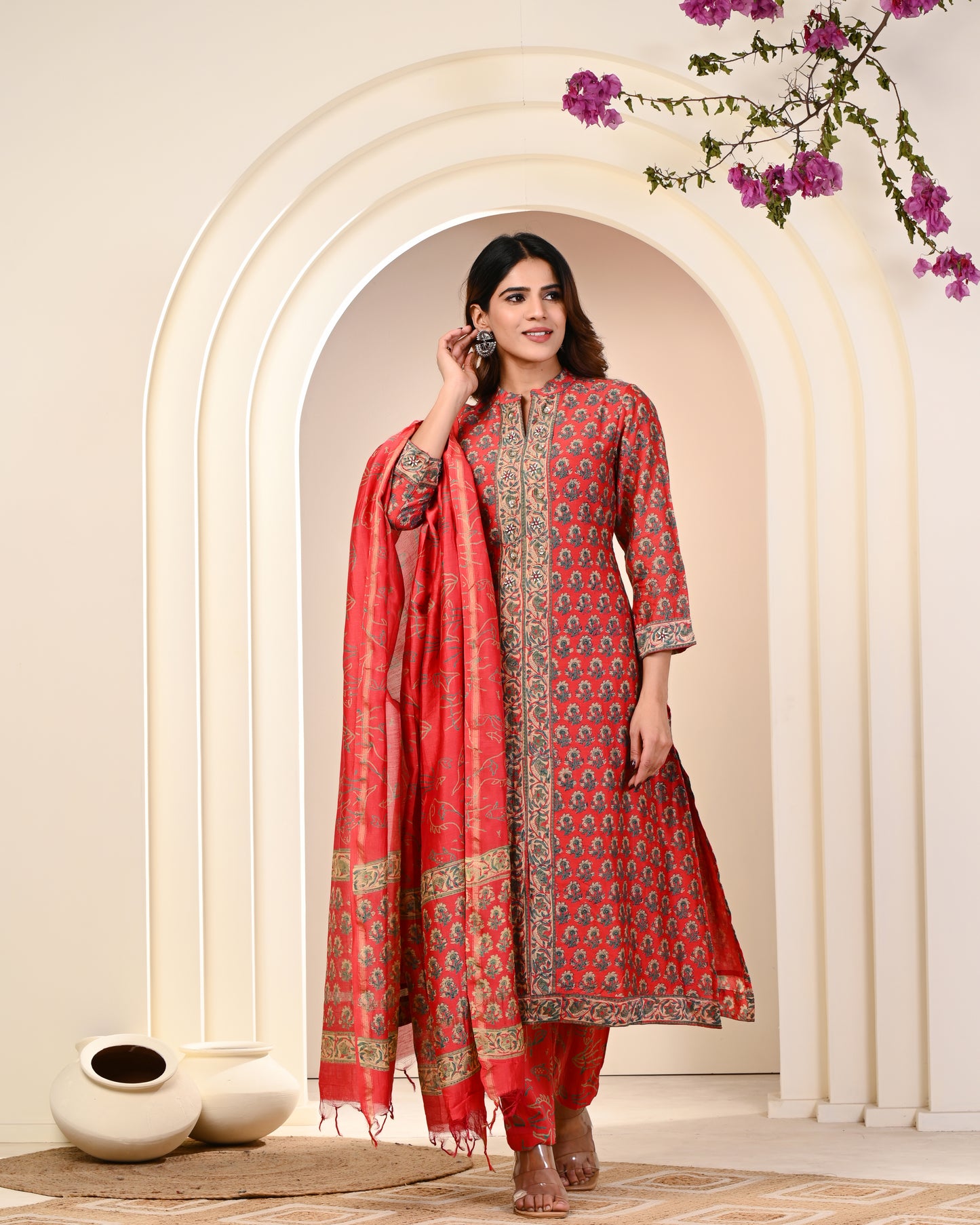 MAHESHWARI SILK EMBROIDERED RED SUIT SET