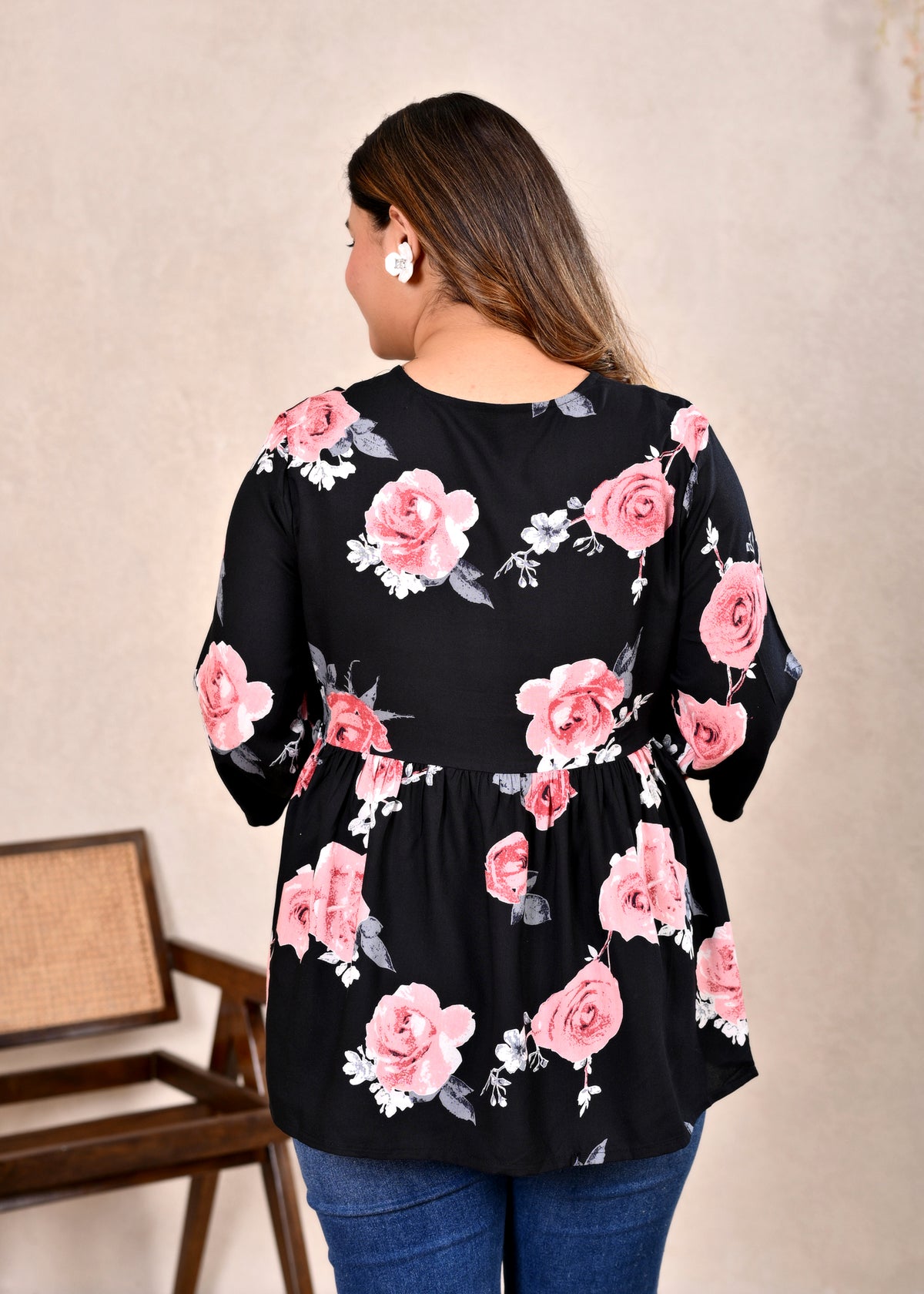 Black Floral V-Neck Gathered Cotton Flared Short Top