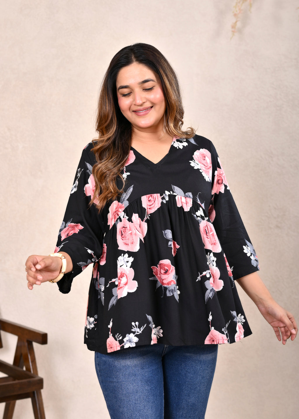 Black Floral V-Neck Gathered Cotton Flared Short Top
