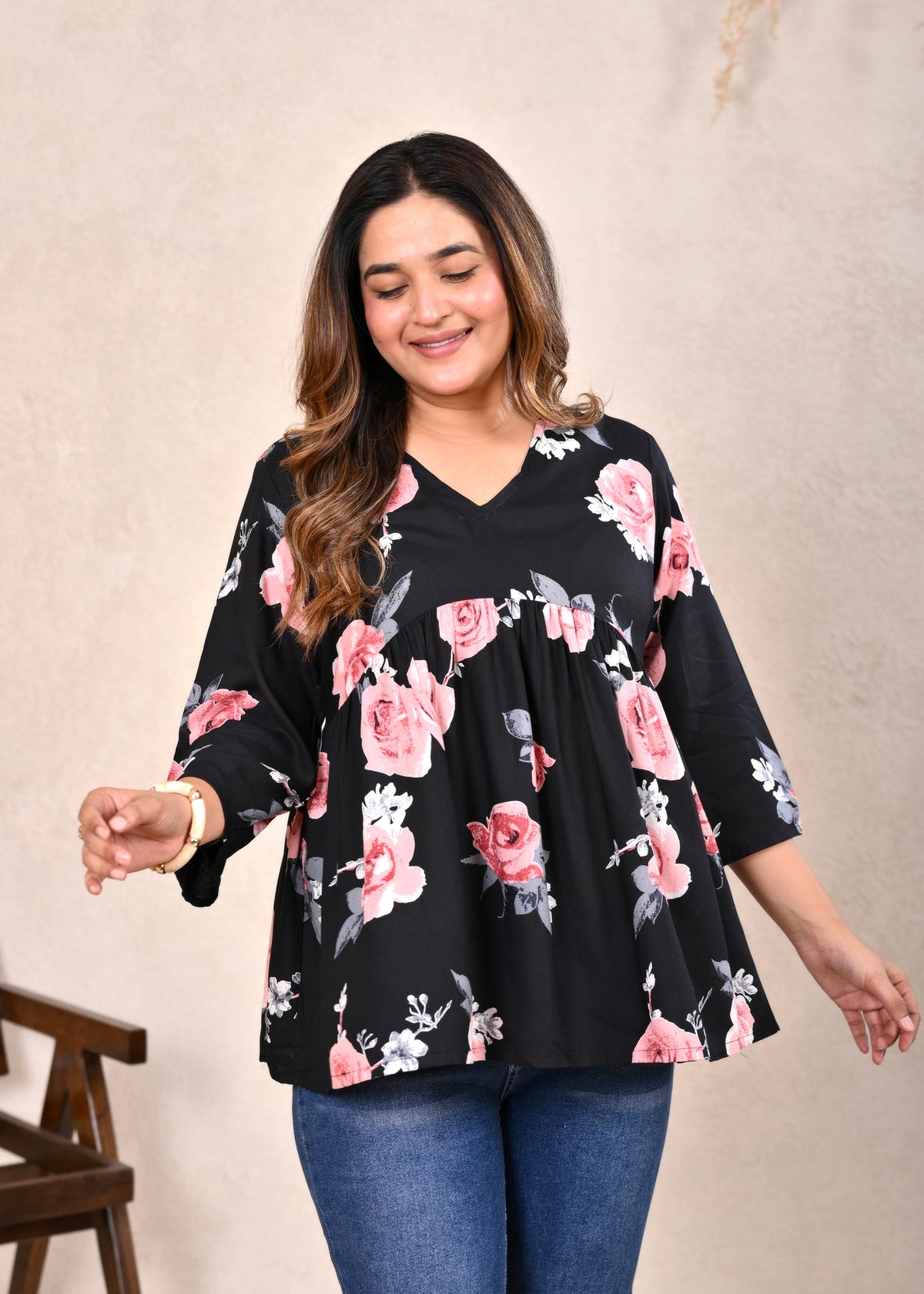 Black Floral V-Neck Gathered Cotton Flared Short Top