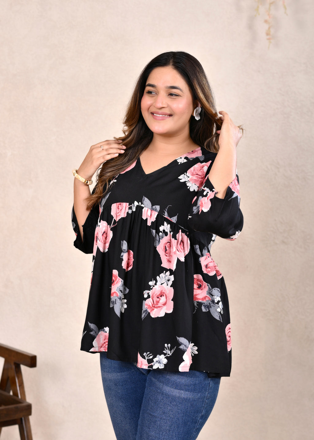 Black Floral V-Neck Gathered Cotton Flared Short Top