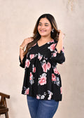 Black Floral V-Neck Gathered Cotton Flared Short Top