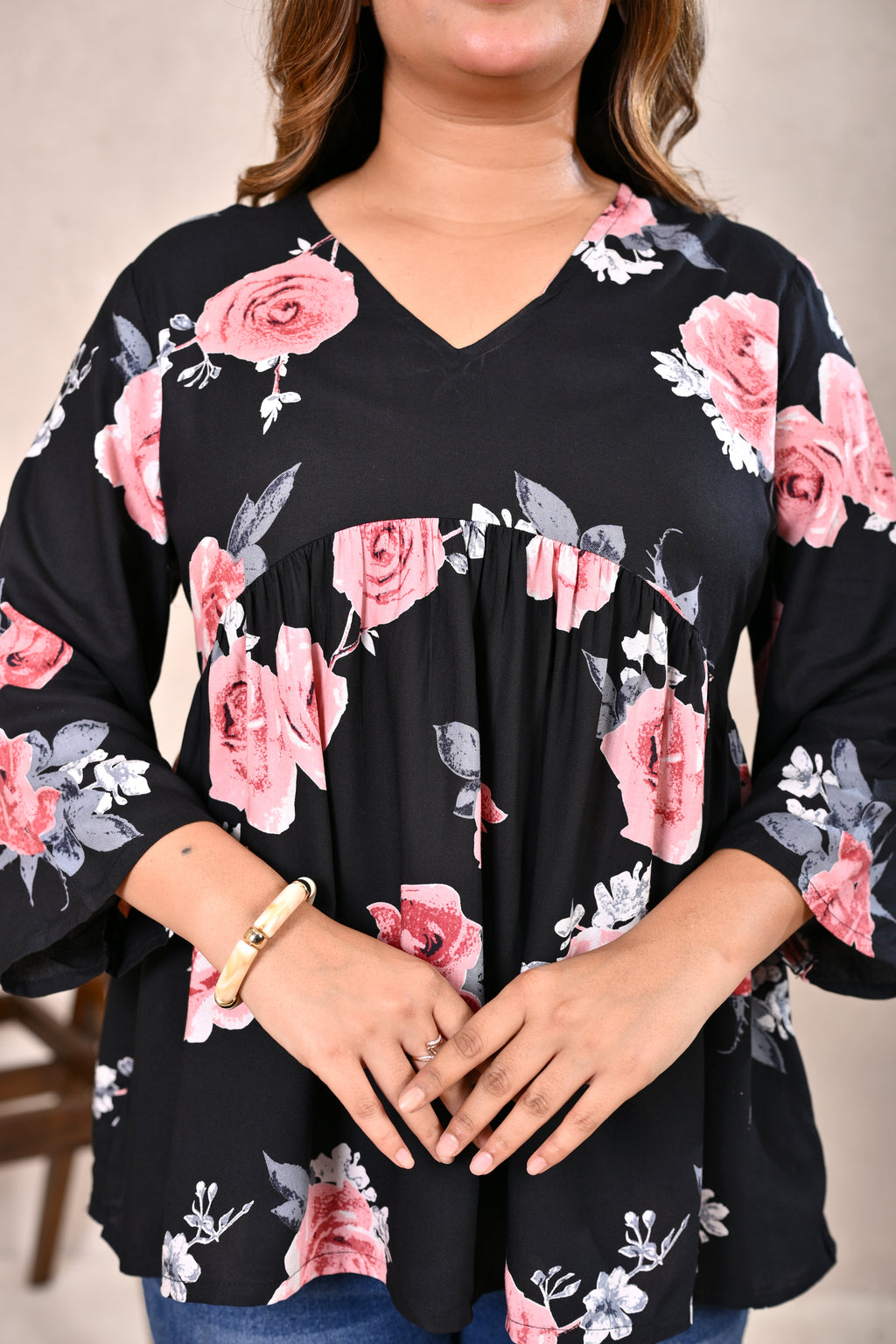 Black Floral V-Neck Gathered Cotton Flared Short Top