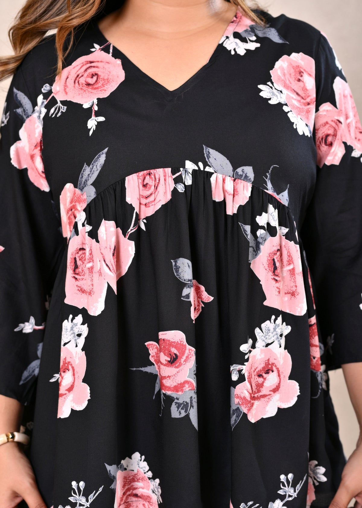 Black Floral V-Neck Gathered Cotton Flared Short Top