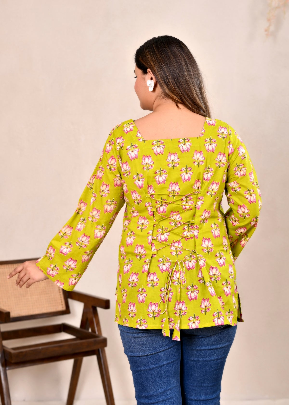Lime Green Square Neck Back Tie-Up Cotton Short Top
