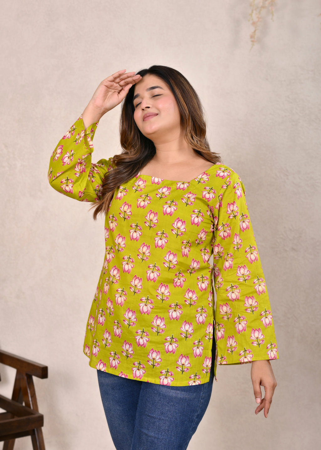 Lime Green Square Neck Back Tie-Up Cotton Short Top