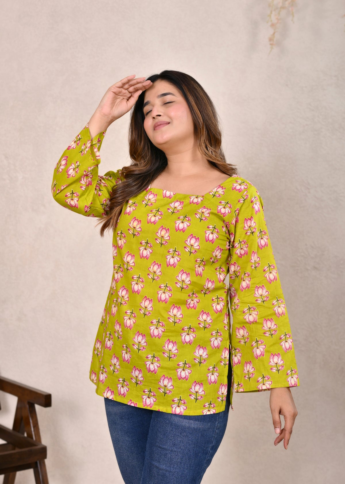 Lime Green Square Neck Back Tie-Up Cotton Short Top