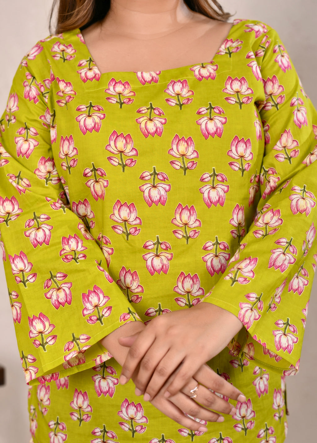 Lime Green Square Neck Back Tie-Up Cotton Short Top