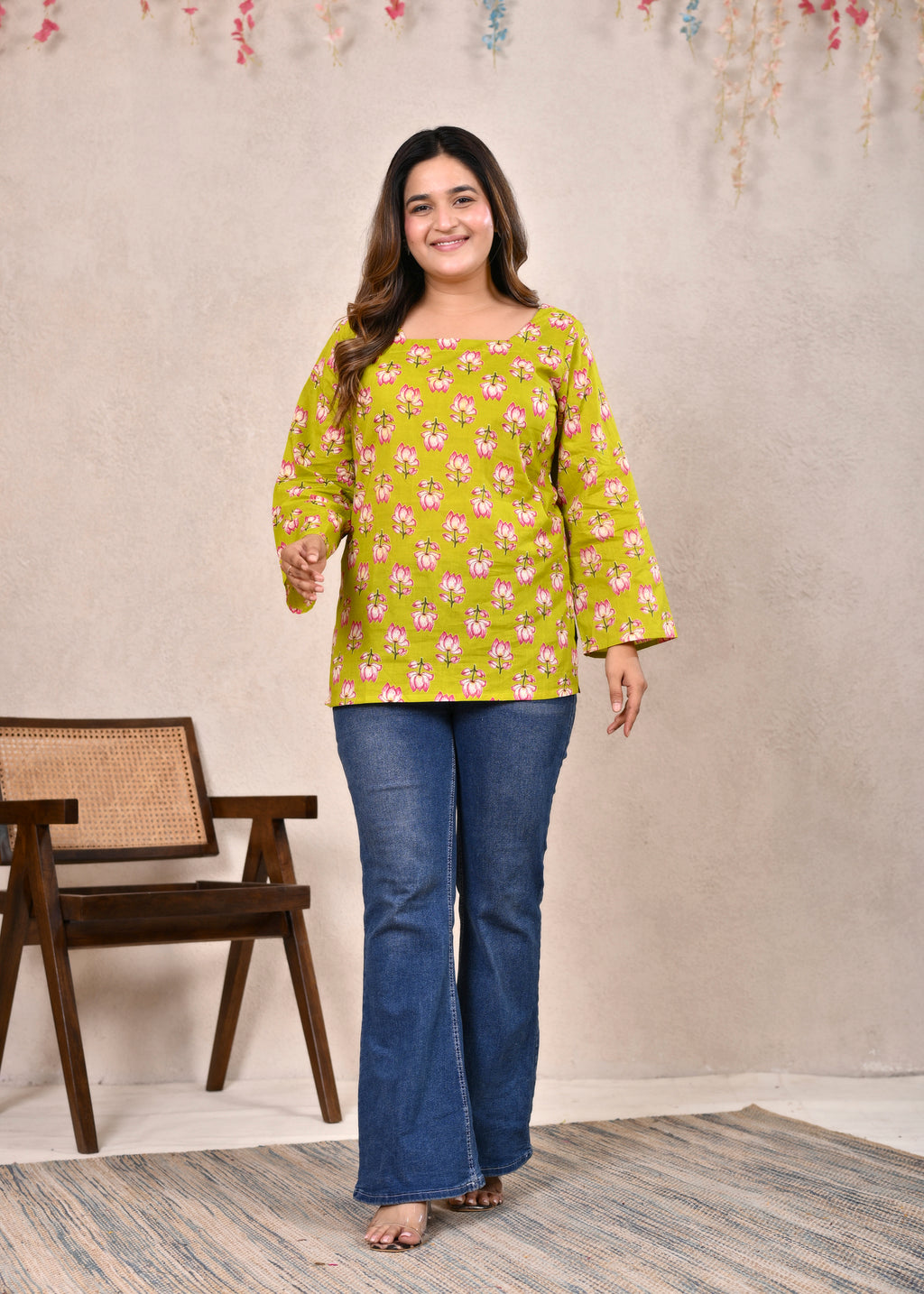Lime Green Square Neck Back Tie-Up Cotton Short Top