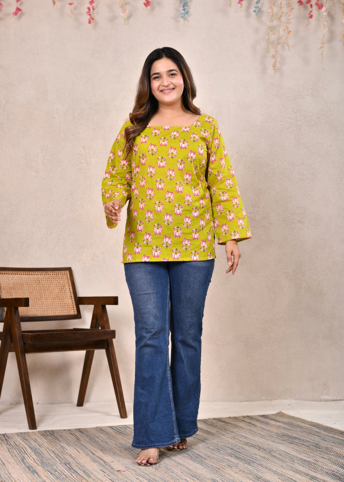 Lime Green Square Neck Back Tie-Up Cotton Short Top