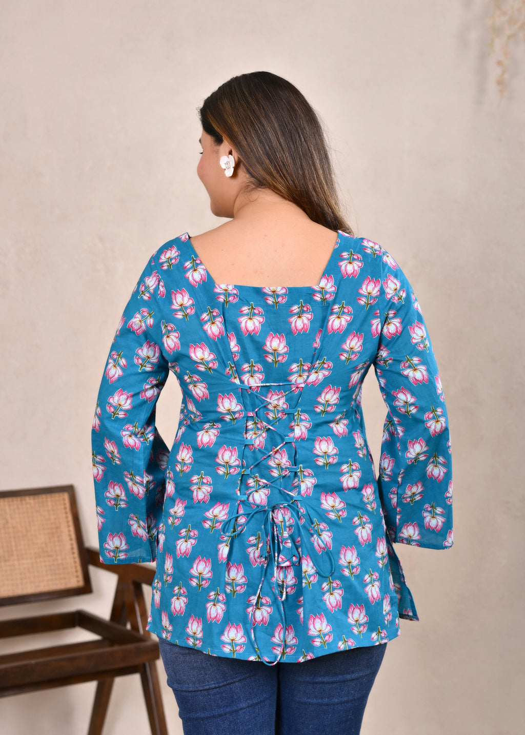 Teal Blue Lotus Printed Pure Cotton Lace-Up Short Kurti