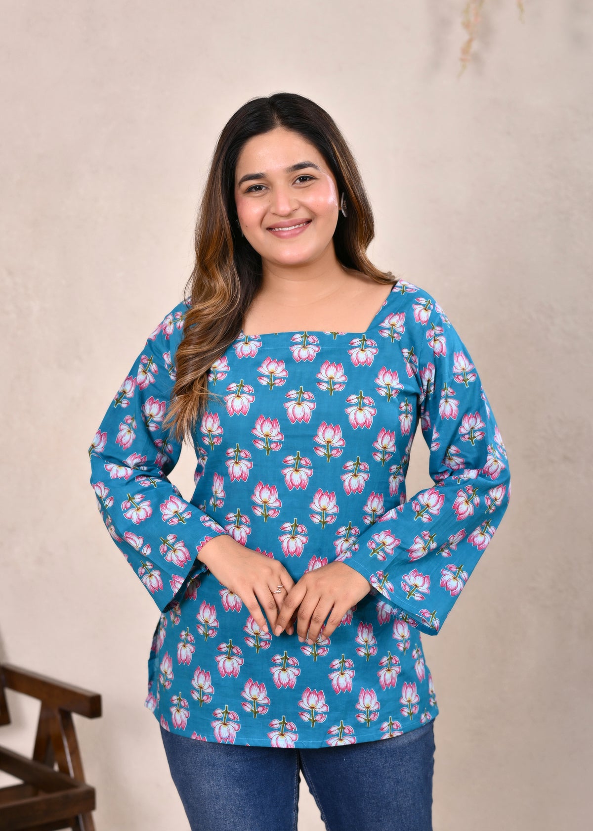 Teal Blue Lotus Printed Pure Cotton Lace-Up Short Kurti