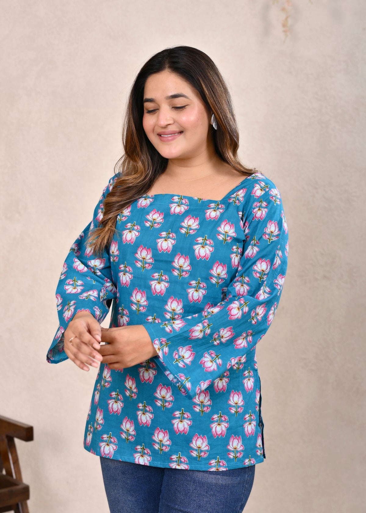Teal Blue Lotus Printed Pure Cotton Lace-Up Short Kurti