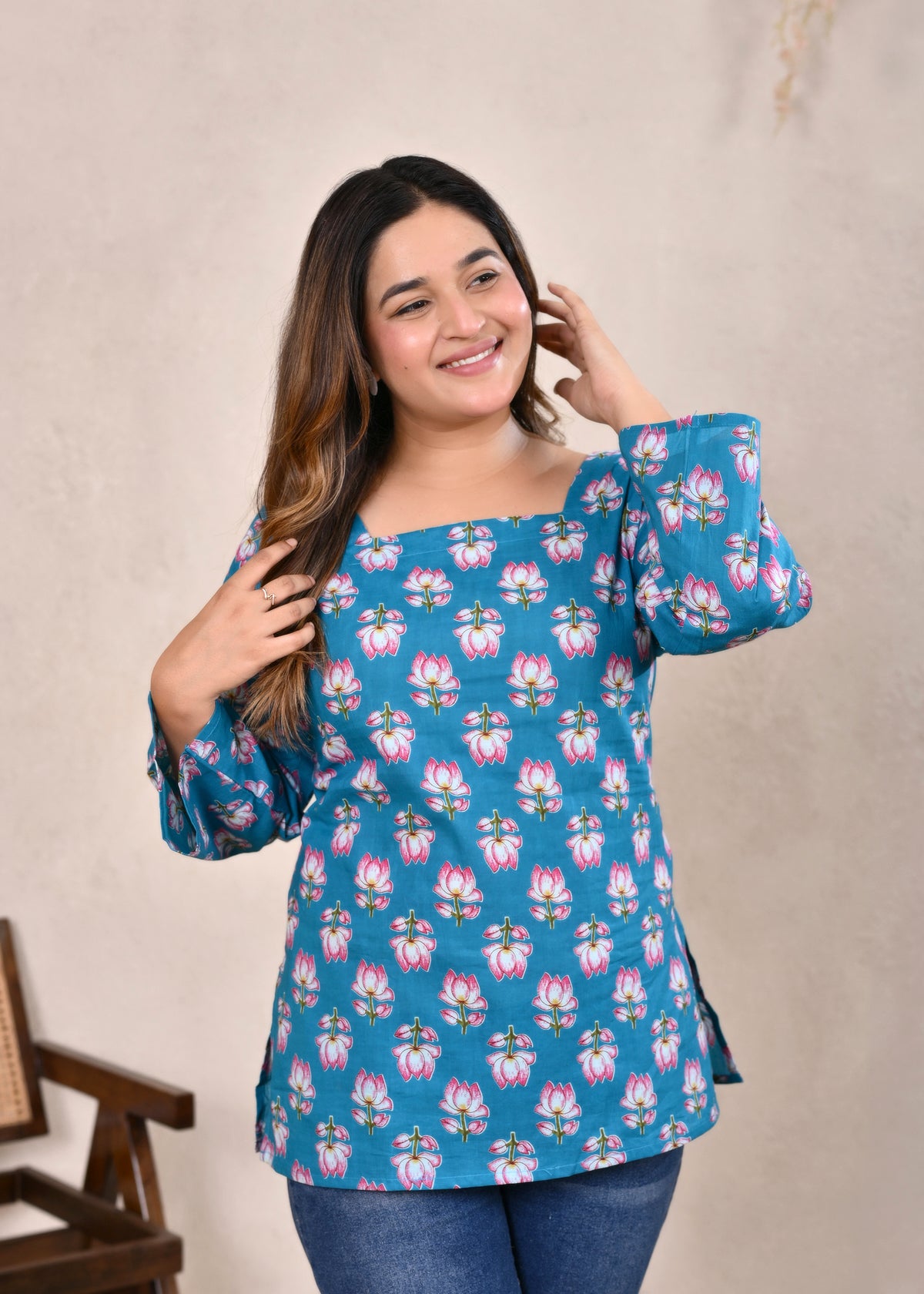 Teal Blue Lotus Printed Pure Cotton Lace-Up Short Kurti