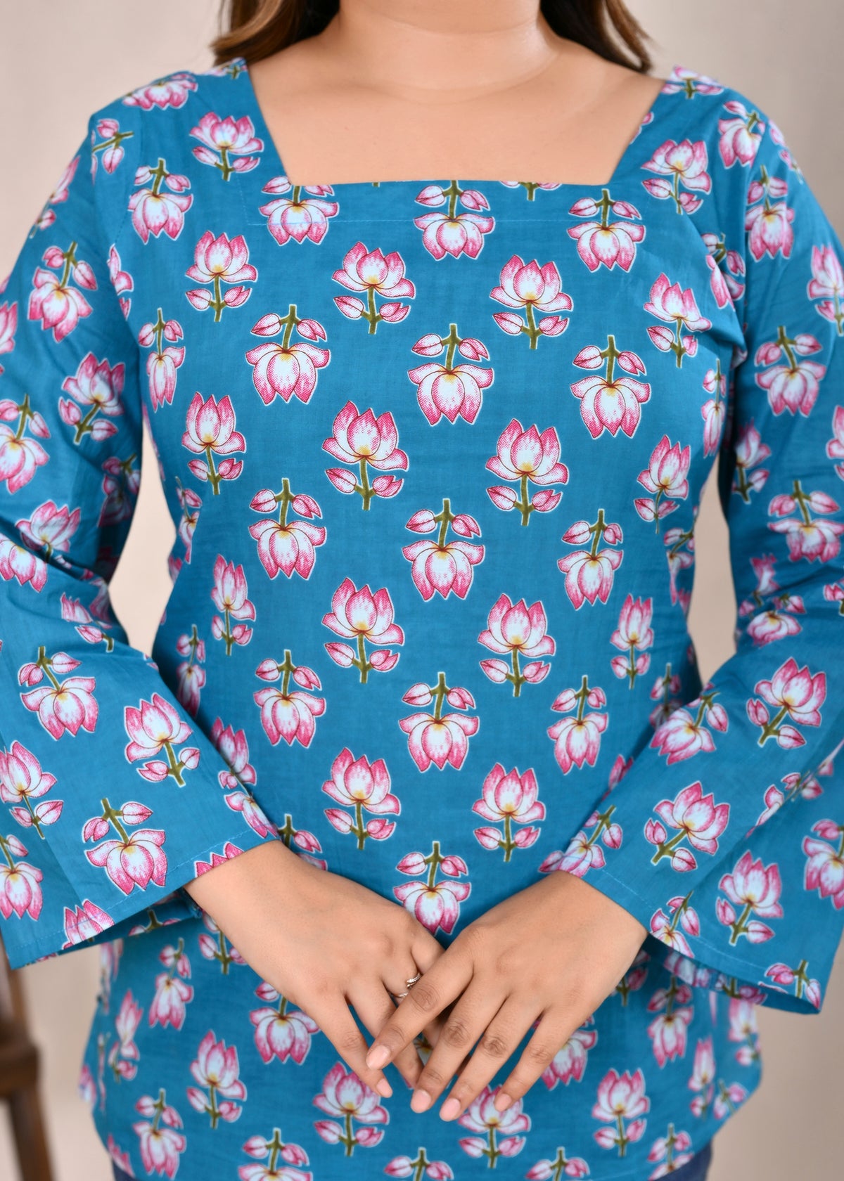 Teal Blue Lotus Printed Pure Cotton Lace-Up Short Kurti