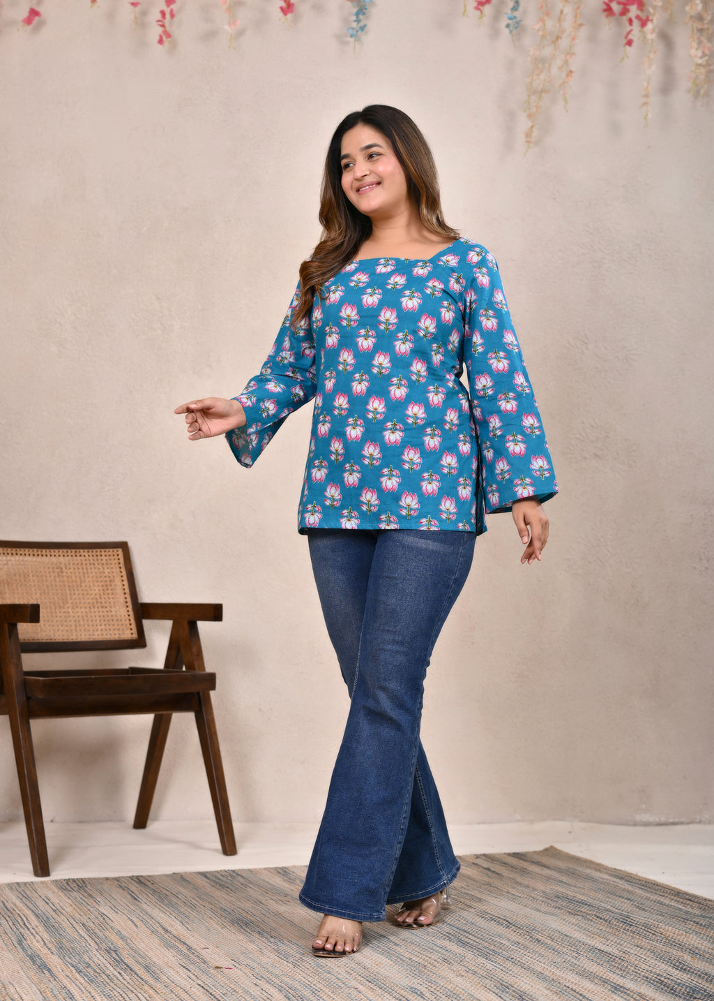 Teal Blue Lotus Printed Pure Cotton Lace-Up Short Kurti