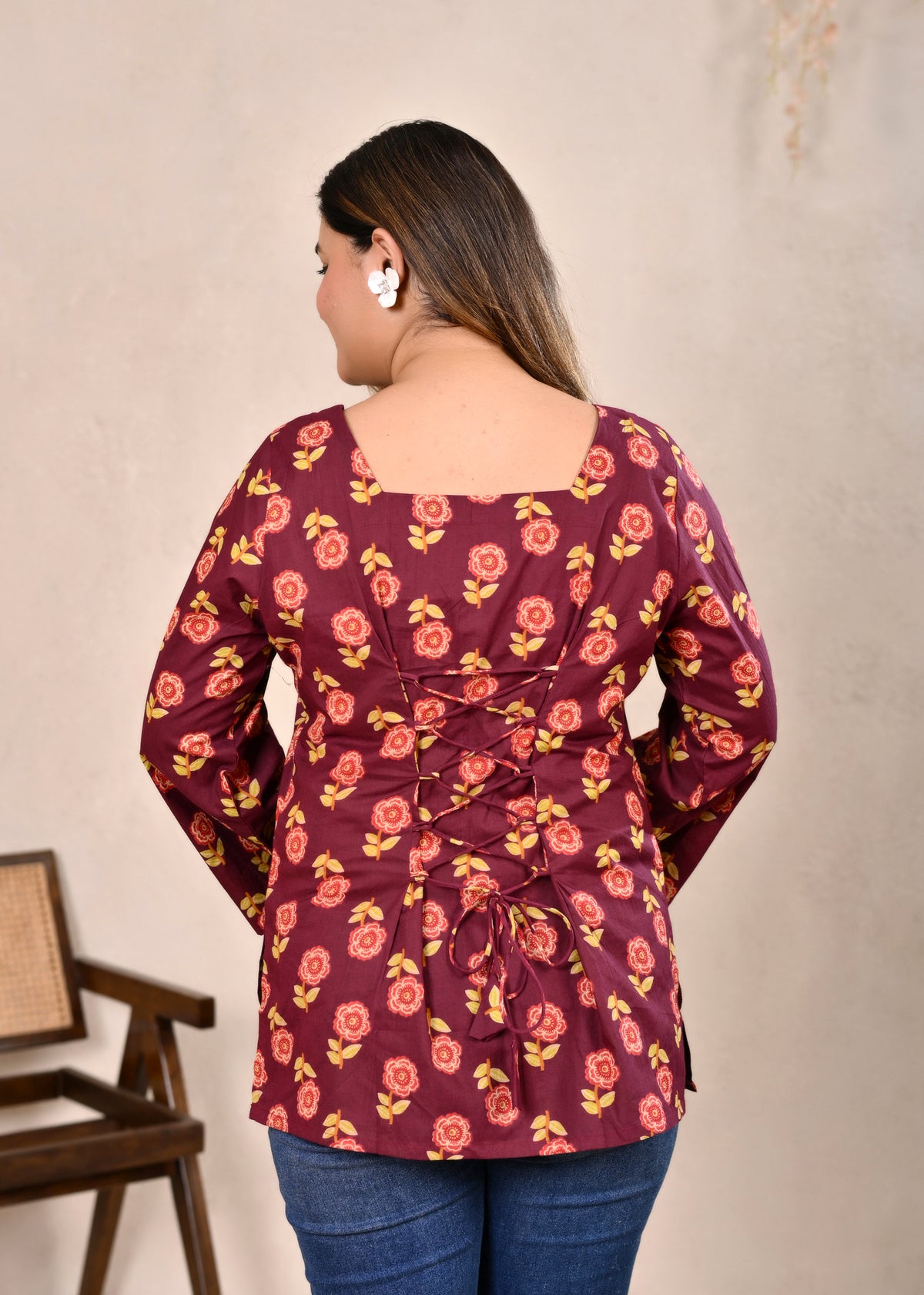 Maroon Floral Printed Pure Cotton Lace-Up Short Kurti
