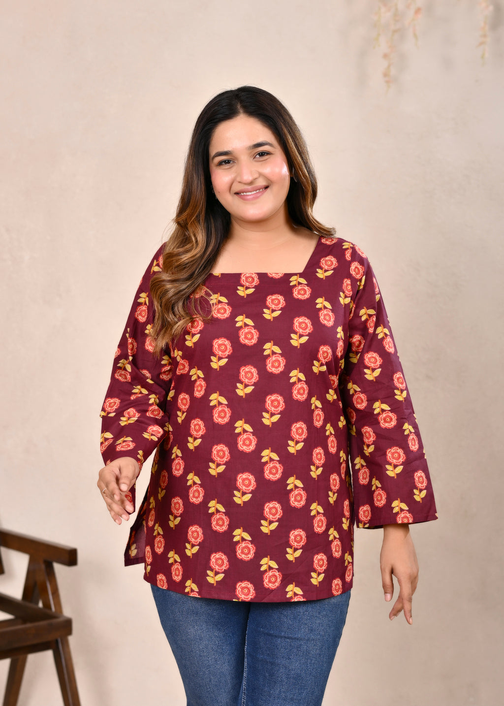 Maroon Floral Printed Pure Cotton Lace-Up Short Kurti