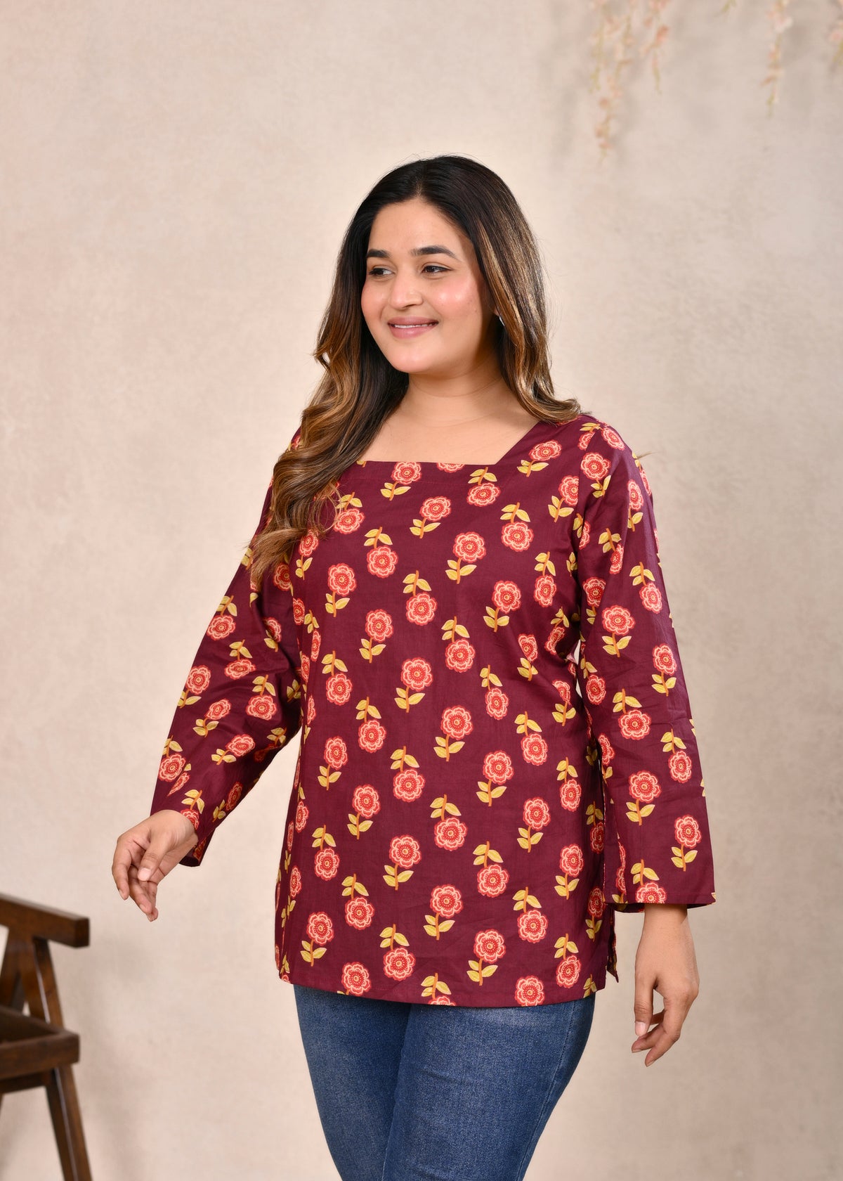 Maroon Floral Printed Pure Cotton Lace-Up Short Kurti