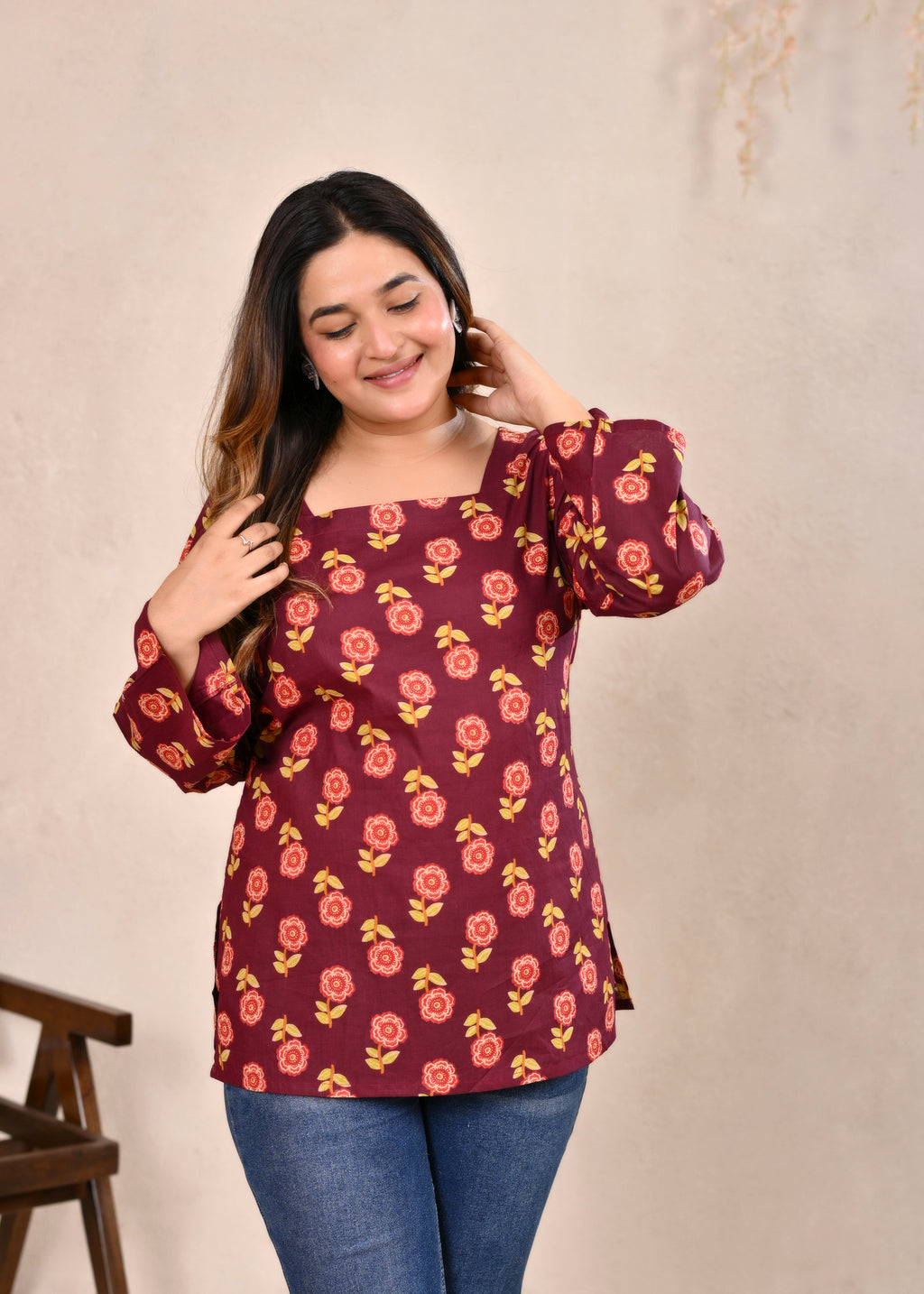 Maroon Floral Printed Pure Cotton Lace-Up Short Kurti