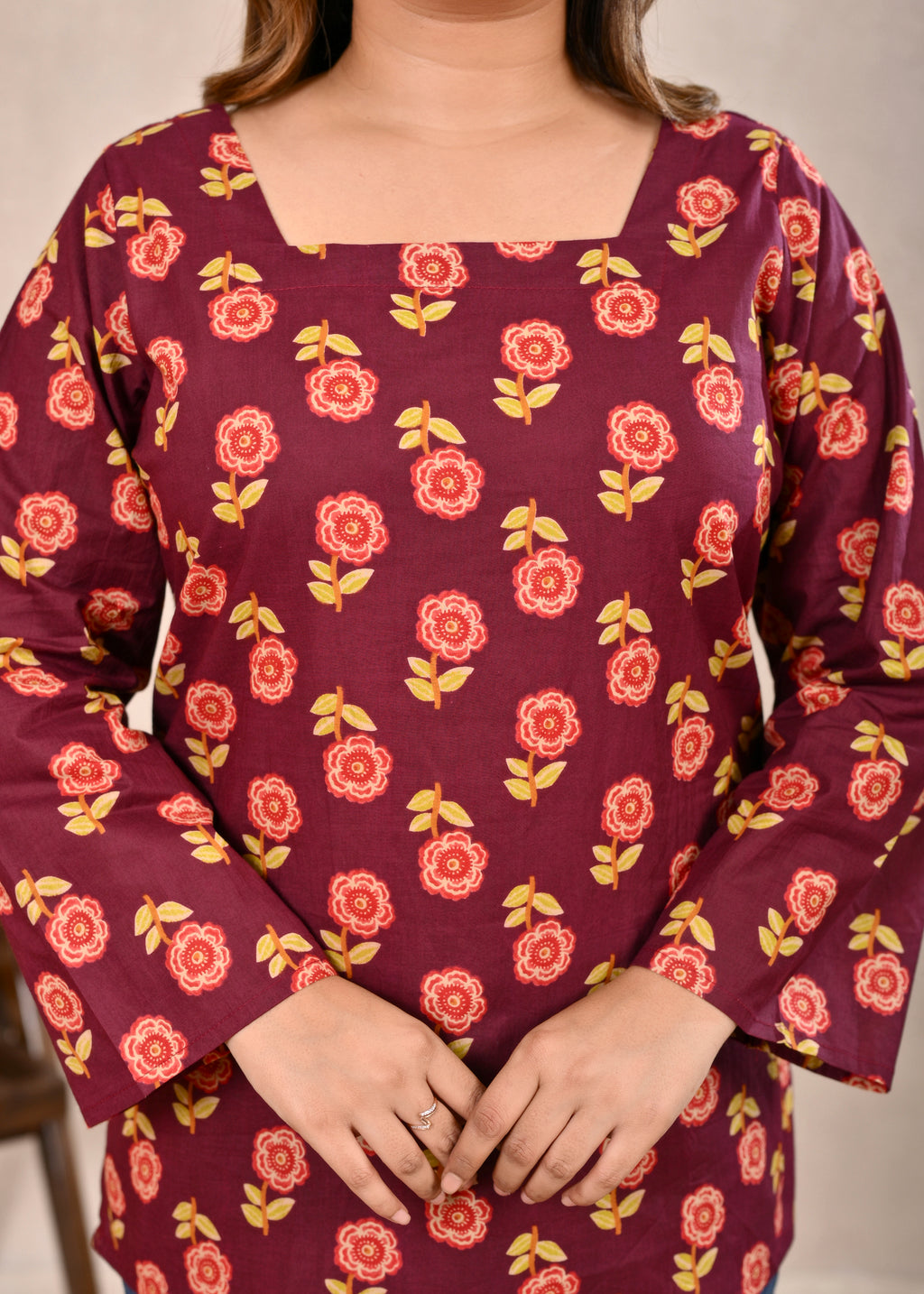 Maroon Floral Printed Pure Cotton Lace-Up Short Kurti