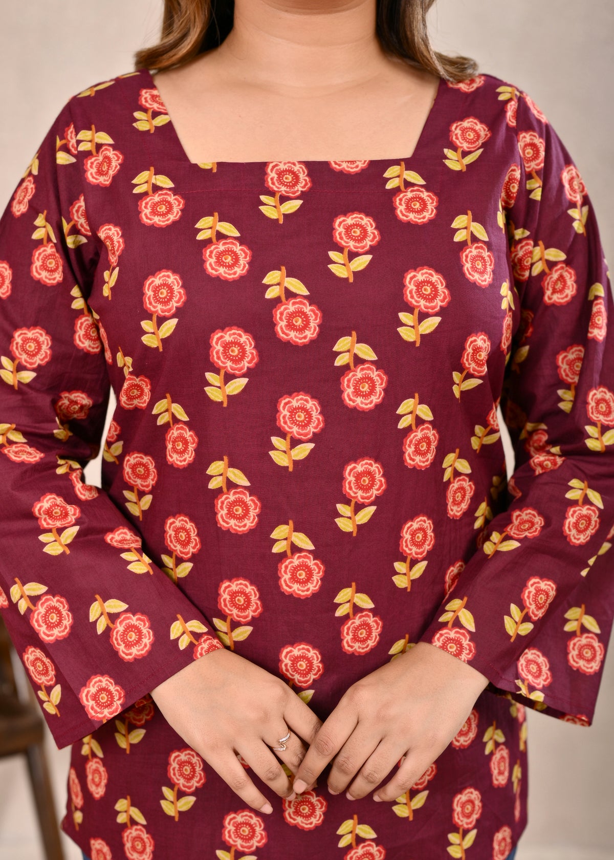Maroon Floral Printed Pure Cotton Lace-Up Short Kurti