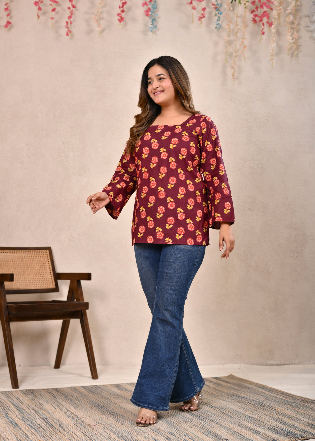 Maroon Floral Printed Pure Cotton Lace-Up Short Kurti